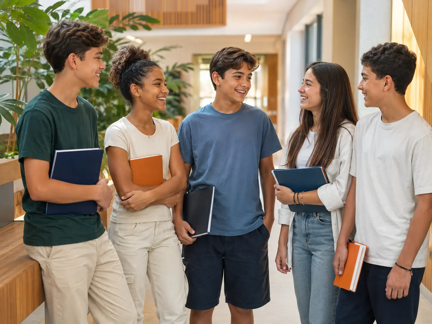 Cinco estudantes dos Anos Finais conversam e sorriem em um espaço de convivência da escola.