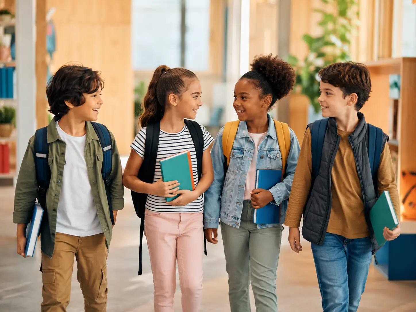 Quatro estudantes dos Anos Iniciais caminham juntos pela escola, com livros, mochilas e sorrisos.