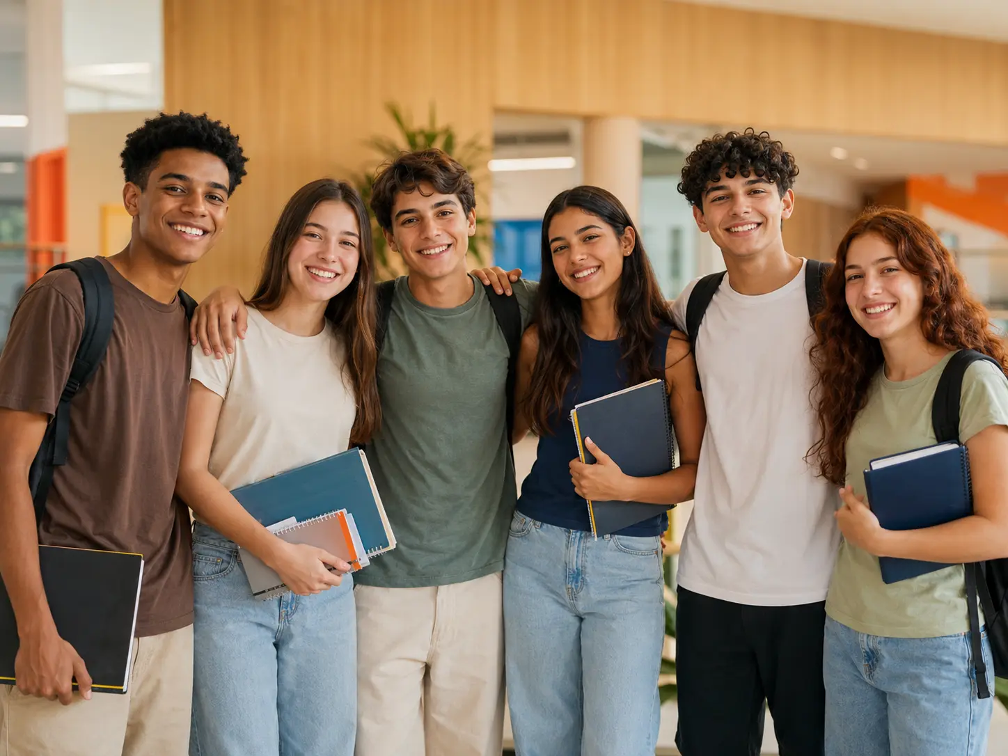 Seis estudantes do Ensino Médio reunidos no Colégio EAC, com livros e sorrisos, representando amizade e pertencimento.